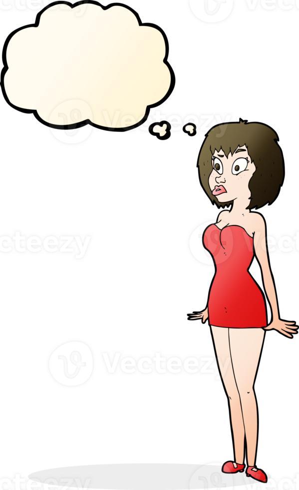 cartoon surprised woman in short dress with thought bubble png