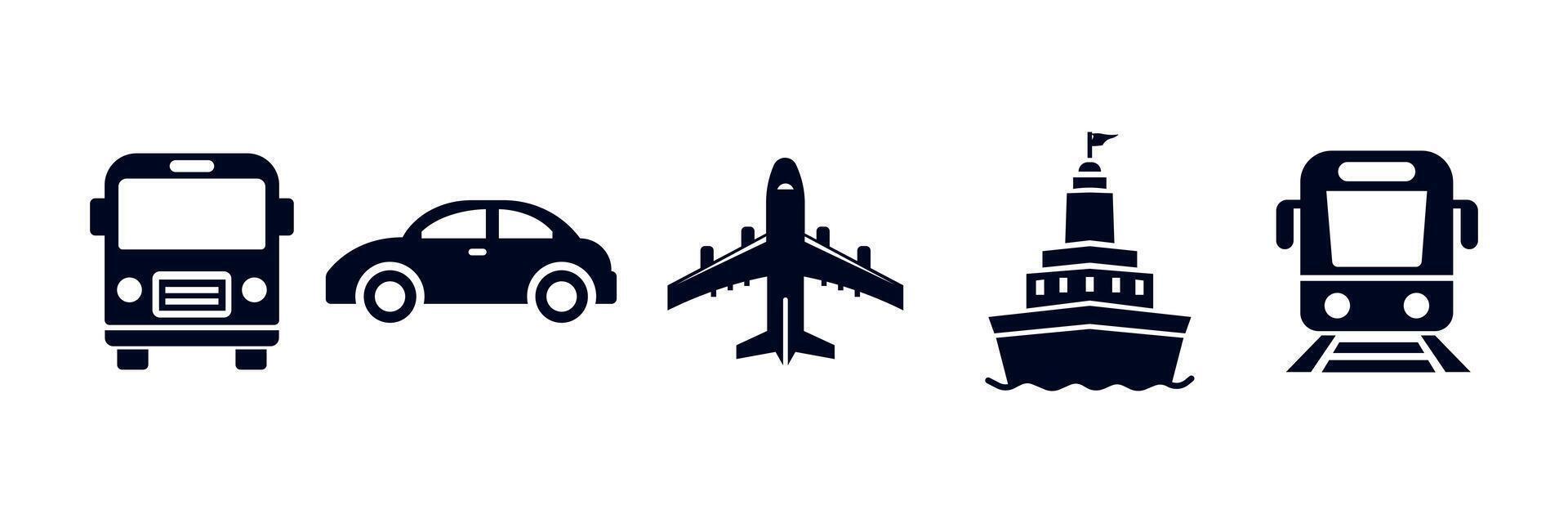 Public transport set. Transportation icons. Public bus, Automobile, Plane, Ship or Ferry, Train. Vector illustration