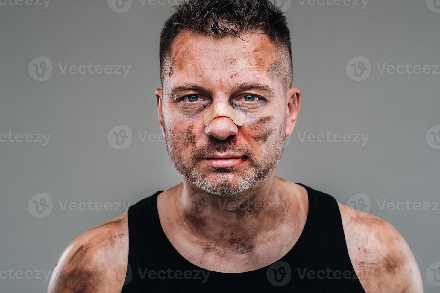 a battered man in a black T shirt who looks like a drug addict and a drunk stands against a gray background photo