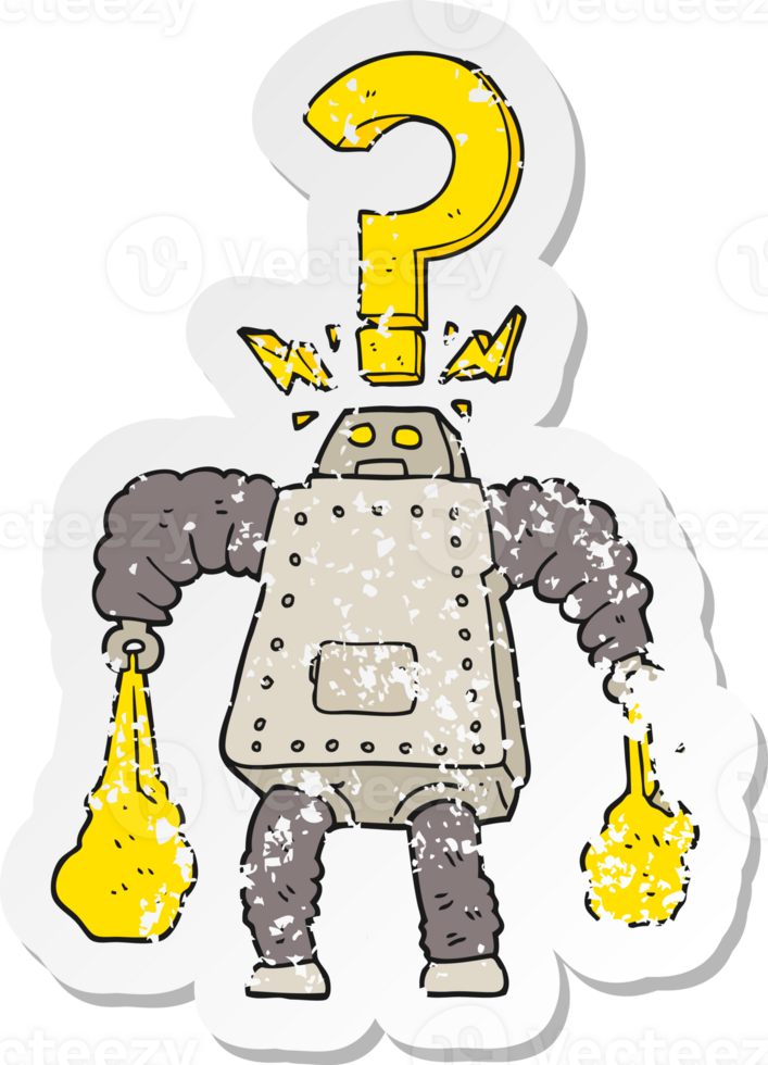 retro distressed sticker of a cartoon confused robot carrying shopping png
