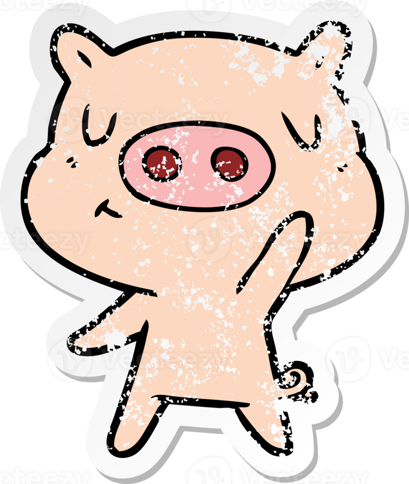 distressed sticker of a cartoon content pig png