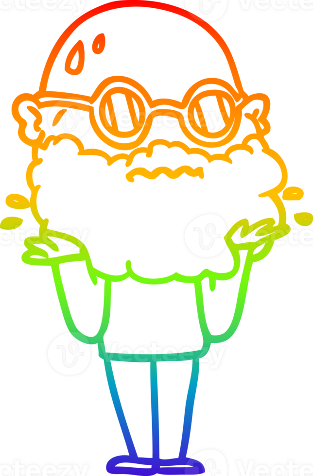 rainbow gradient line drawing cartoon worried man with beard and sunglasses png