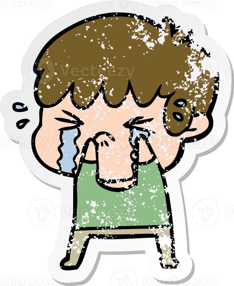 distressed sticker of a cartoon boy crying png