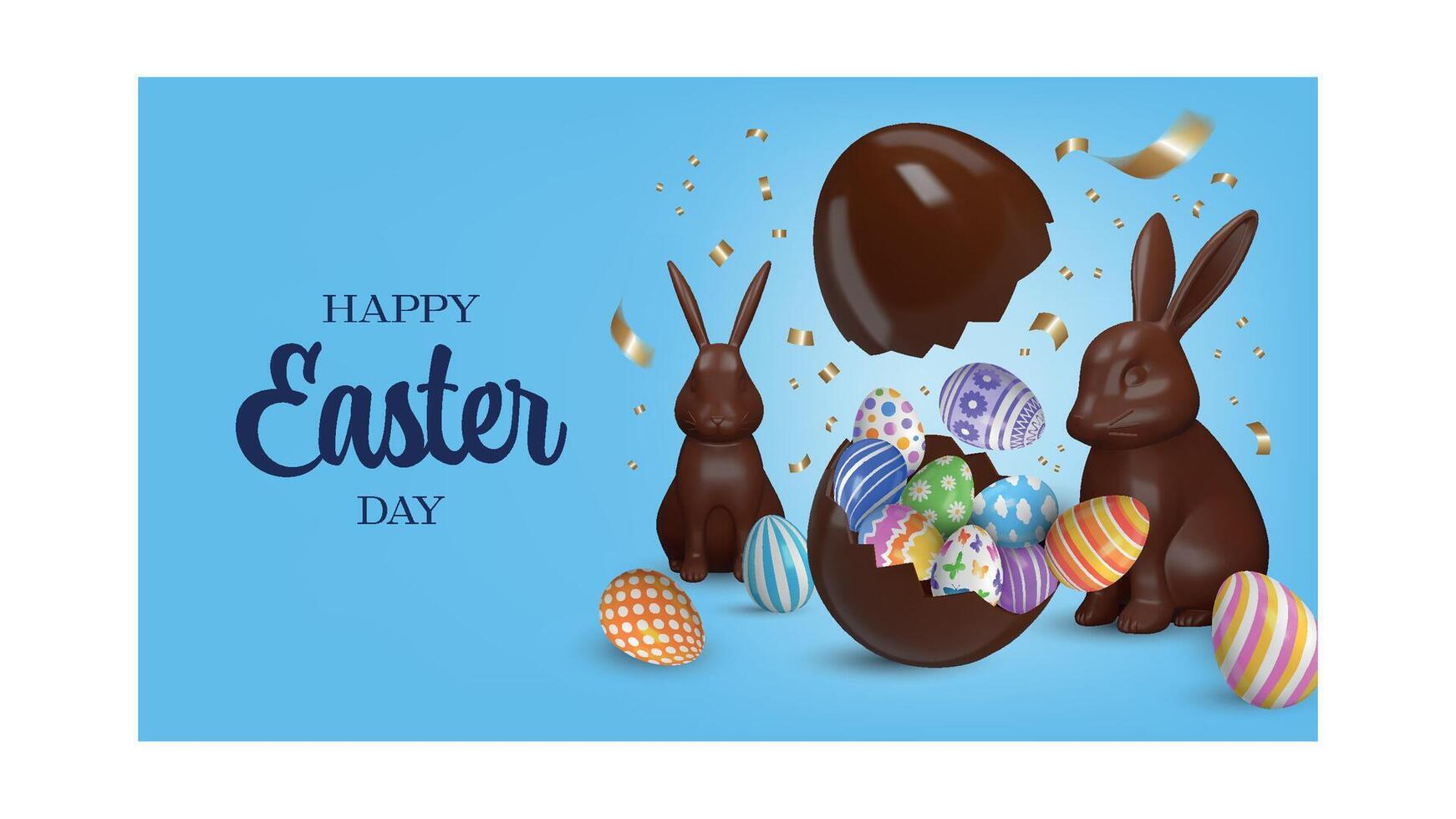 easter banner with chocolate rabbits and colorful eggs. easter background with eggs in a hatched chocolate egg vector