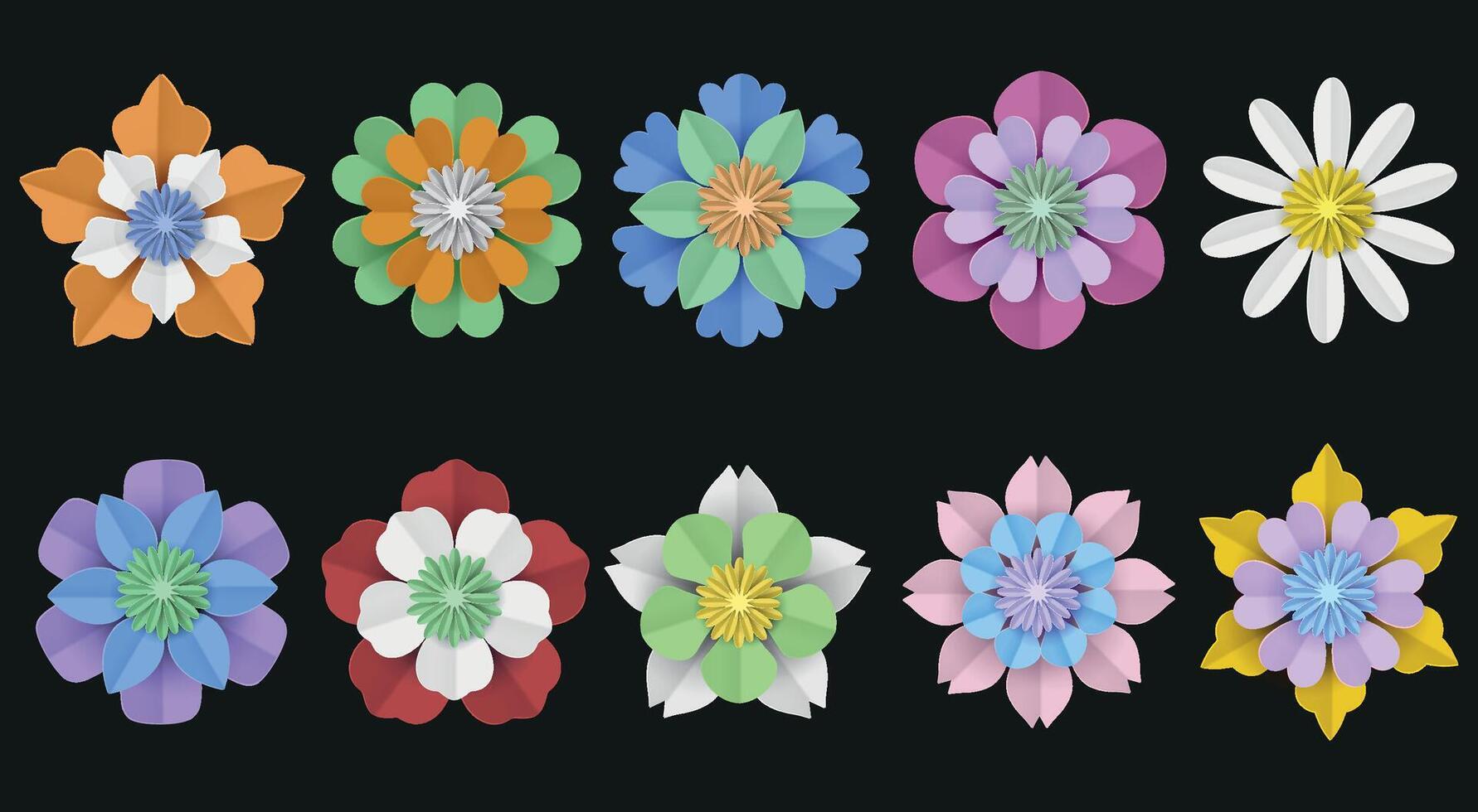 set of colorful paper flowers. collection of isolated flower vector