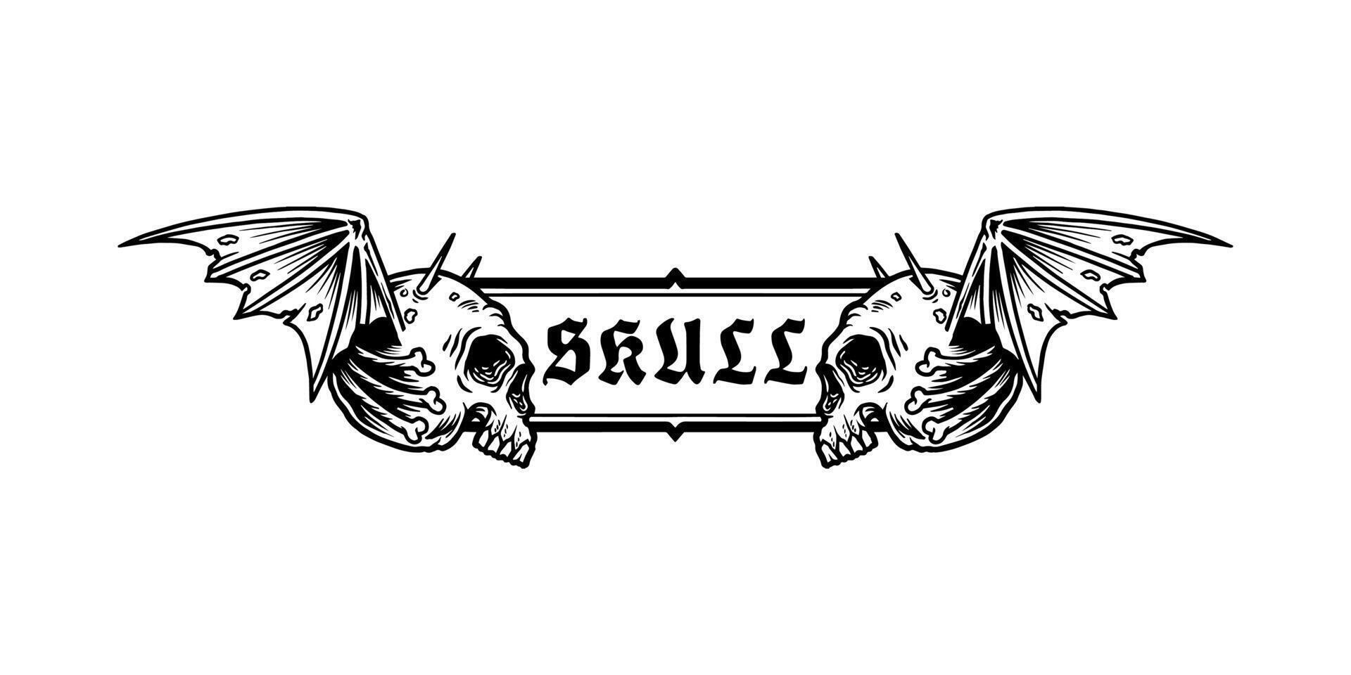 hand drawn skull border with wings vector