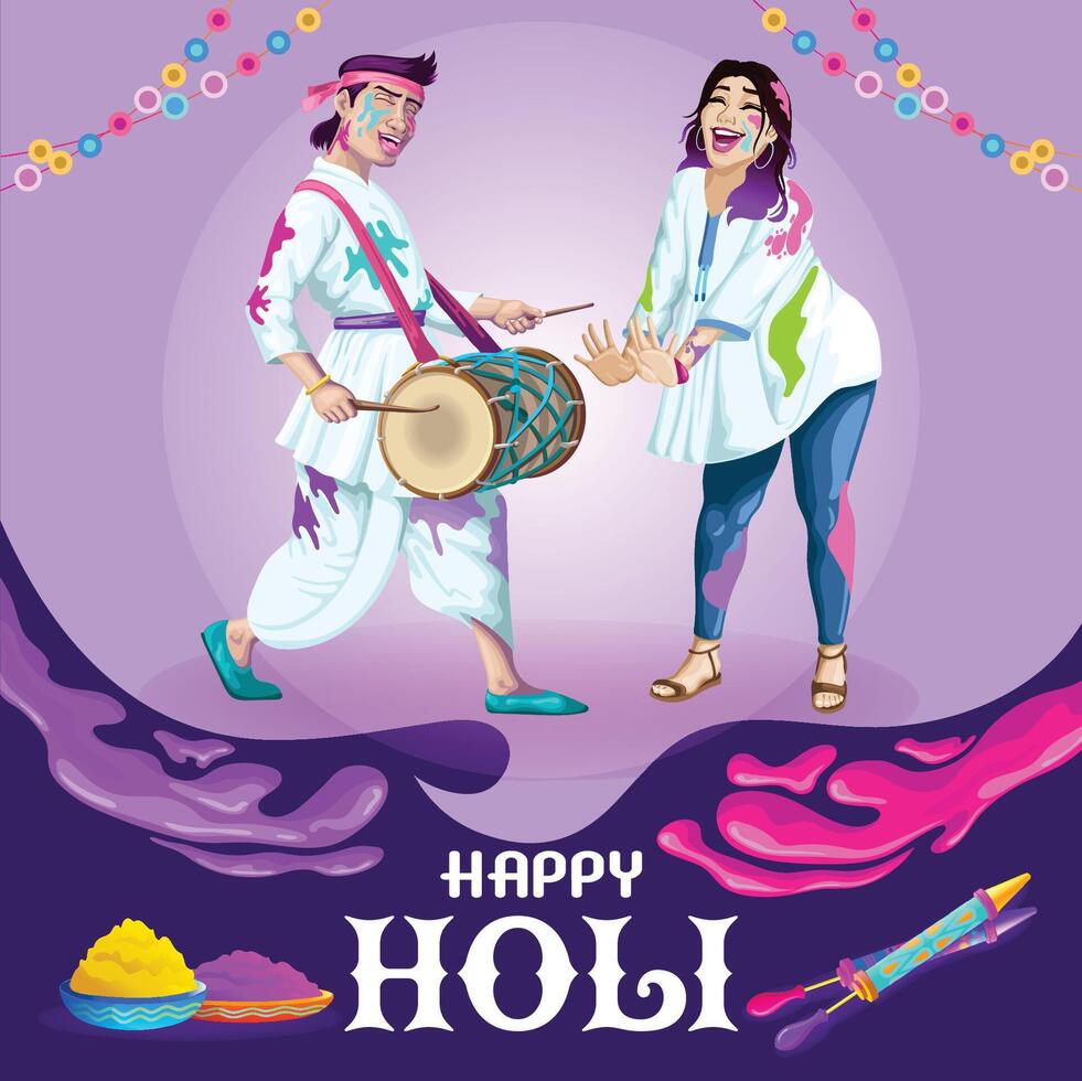 Holi Greetings with a colorful drummer and a dancing girl having fun vector