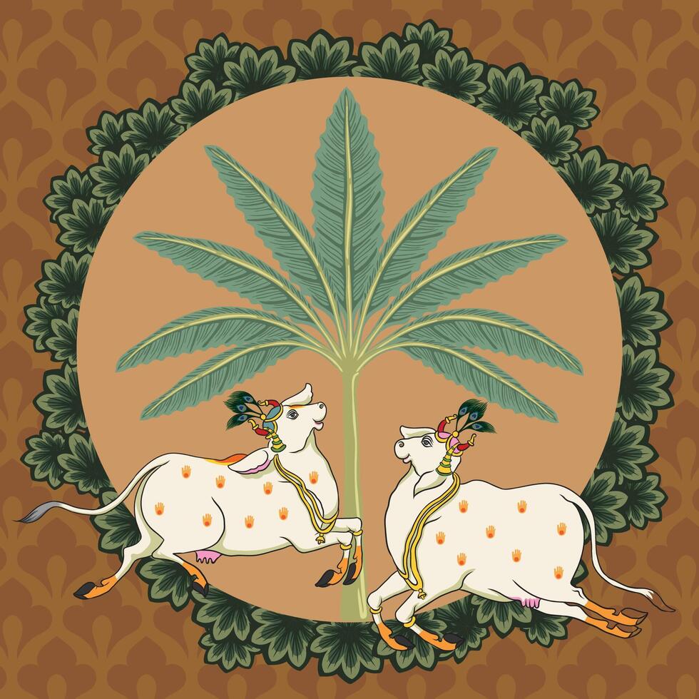 Indian traditional Rajasthani painting happy cows jumping joyfully in front of tree vector