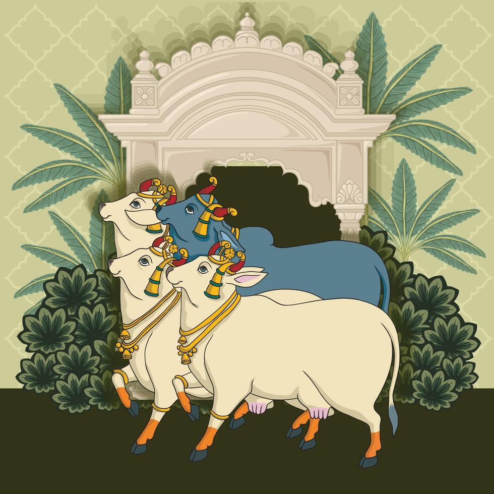 Indian traditional Rajasthani painting group of happy cows and bull in front of arch vector