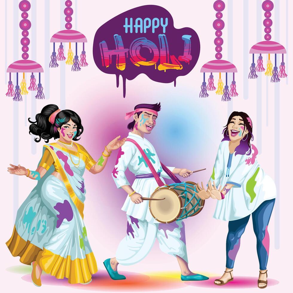 Holi Greetings with a colorful drummer and a dancing girl celebrating together vector