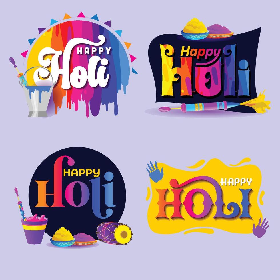 Set of Holi Greetings Titles with festive elements vector