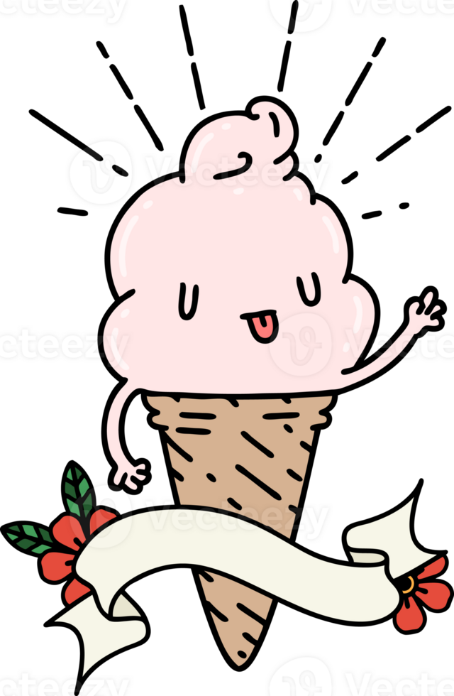 banner with tattoo style ice cream character waving png