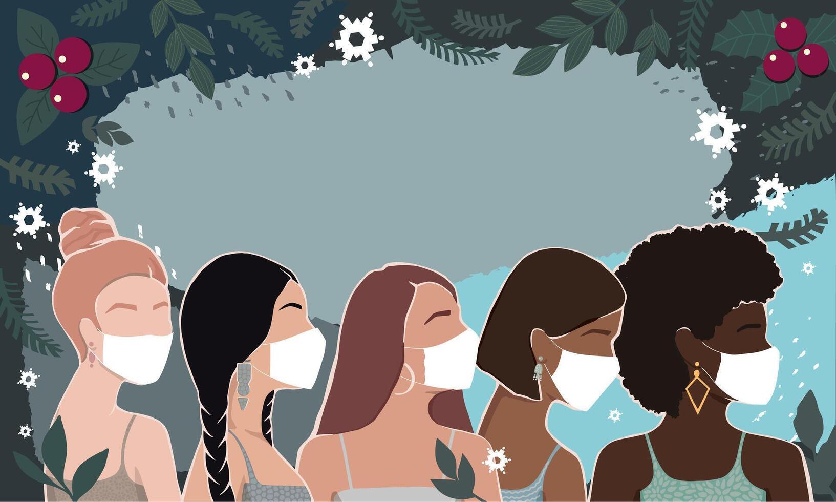 mujer de diferente Razas vistiendo mascaras juntos en un resumen invierno antecedentes con Navidad elementos. moderno vector plano ilustraciones. aislado en capas. movimiento para el empoderamiento de mujer.