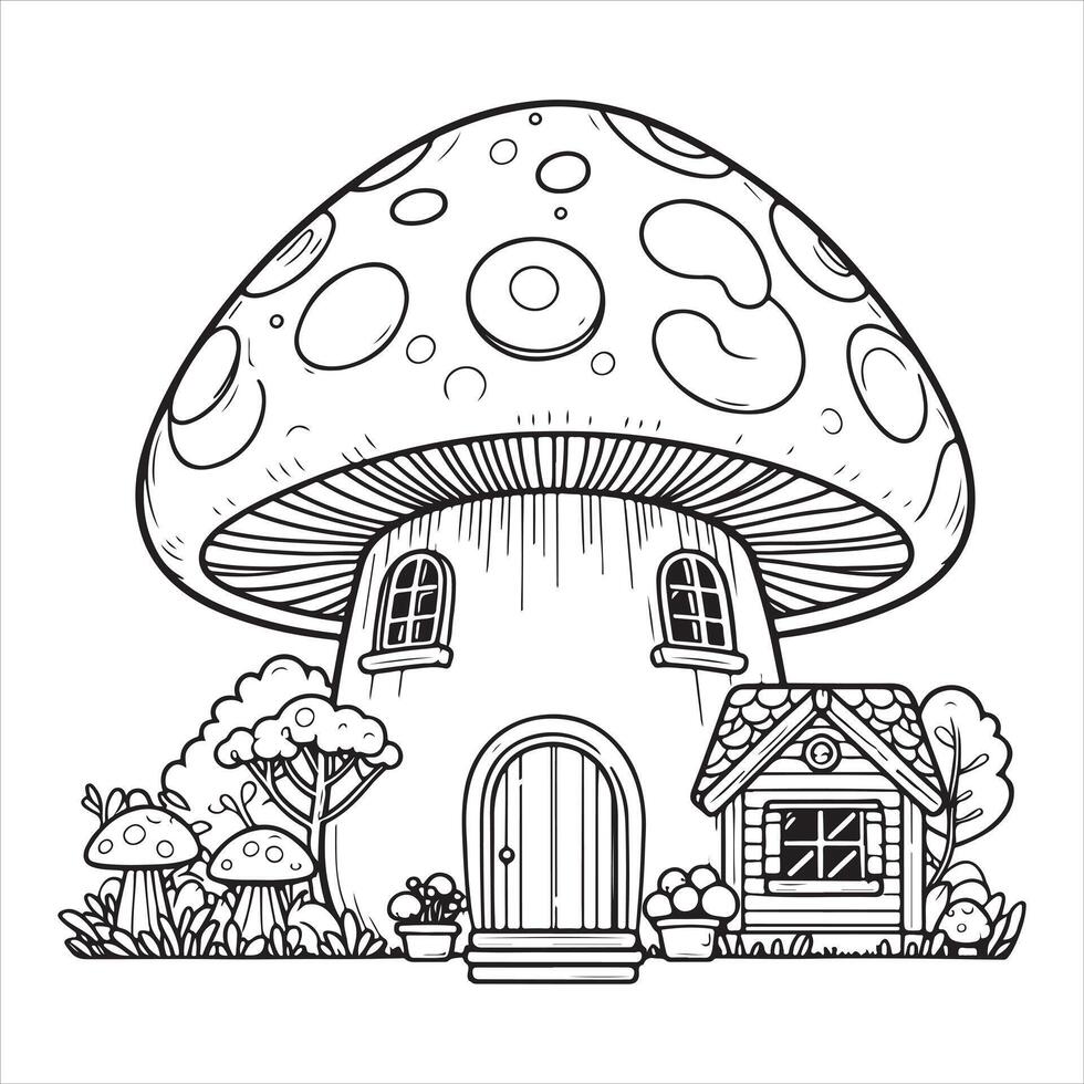 mushroom house coloring page vector illustration for kids
