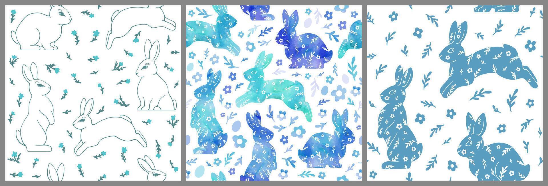 Happy Easter Set of seamless patterns with bunnies, flowers, and eggs. Delicate watercolor illustration. vector