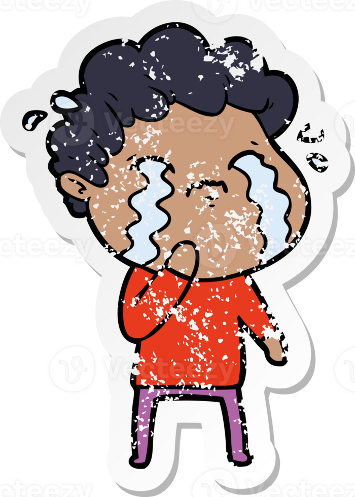 distressed sticker of a cartoon man crying png