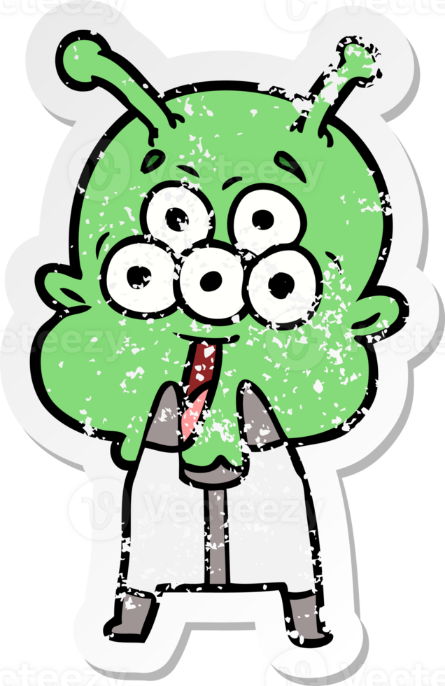 distressed sticker of a happy cartoon alien gasping in surprise png