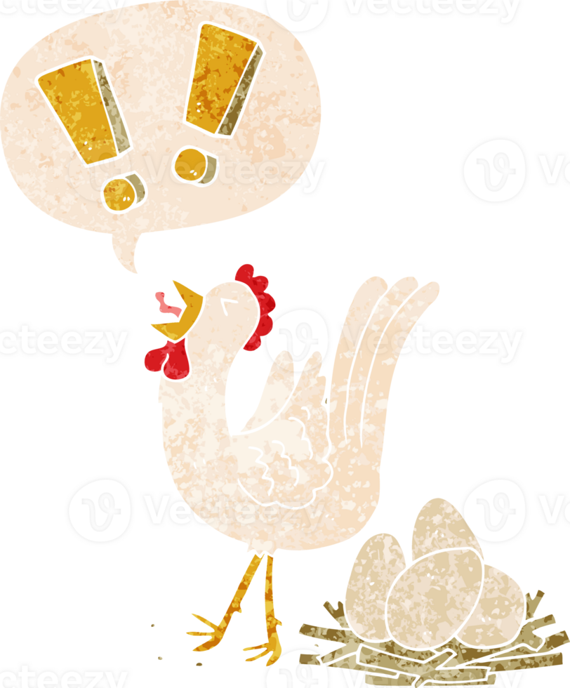 cartoon chicken laying egg and speech bubble in retro textured style png
