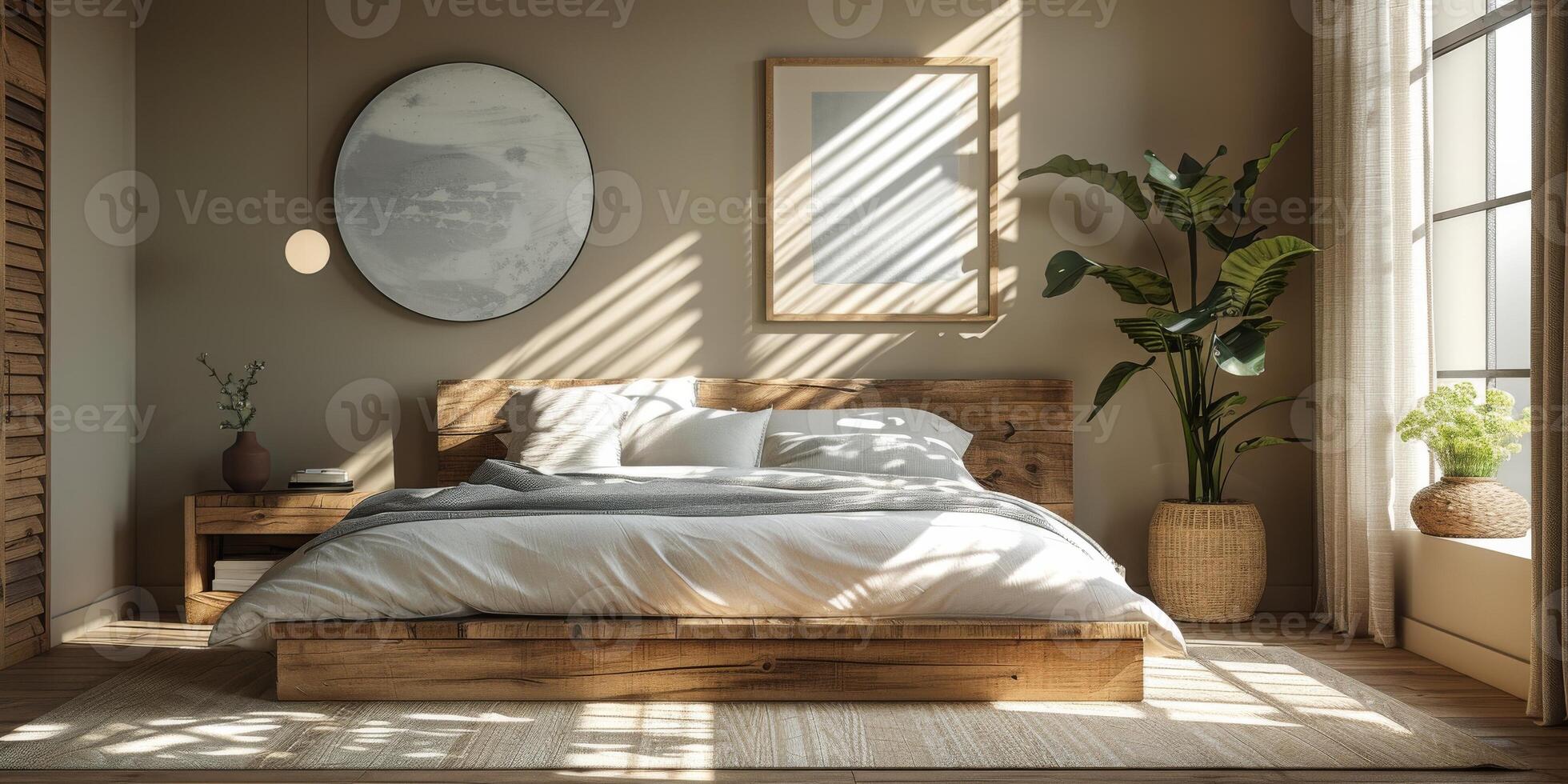 AI Generated Bright and cozy modern bedroom with wooden large bed. smoothing morning light with modern decoration. 3d render photo