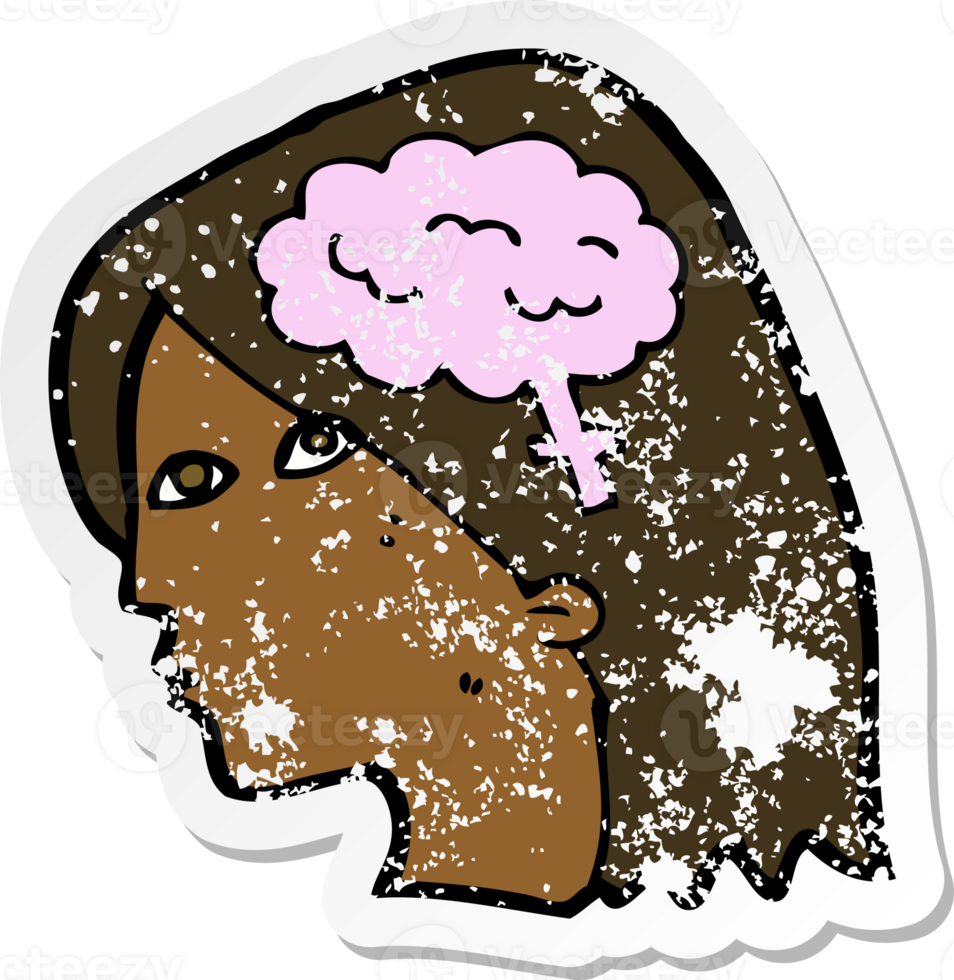 retro distressed sticker of a cartoon female head with brain symbol png