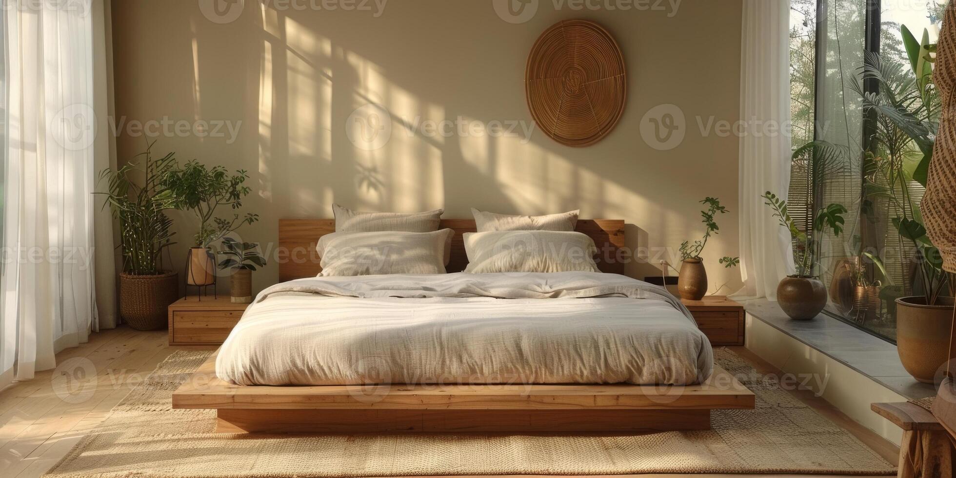 AI Generated Bright and cozy modern bedroom with wooden large bed. smoothing morning light with modern decoration. 3d render photo