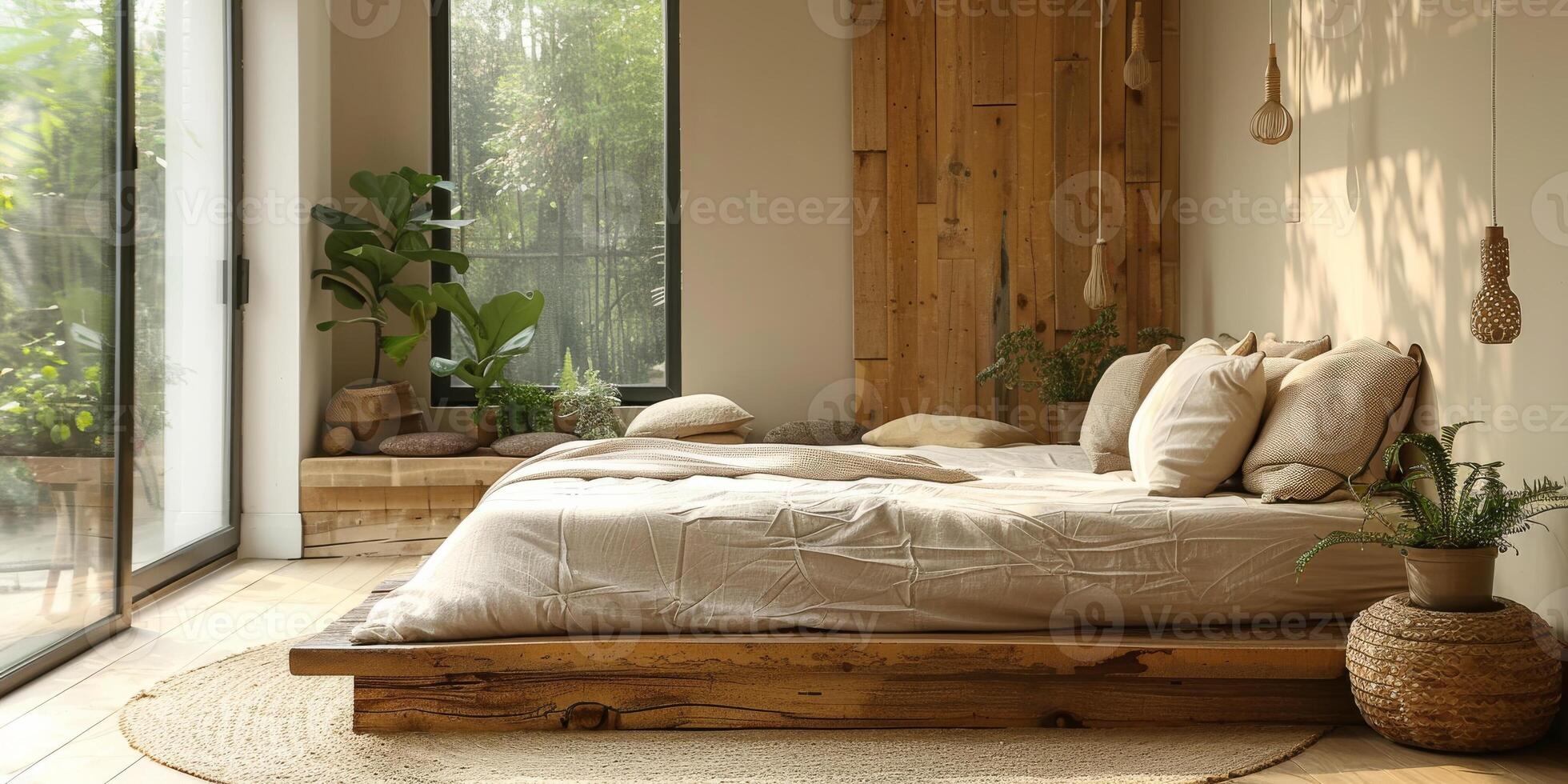 AI Generated Bright and cozy modern bedroom with wooden large bed. smoothing morning light with modern decoration. 3d render photo
