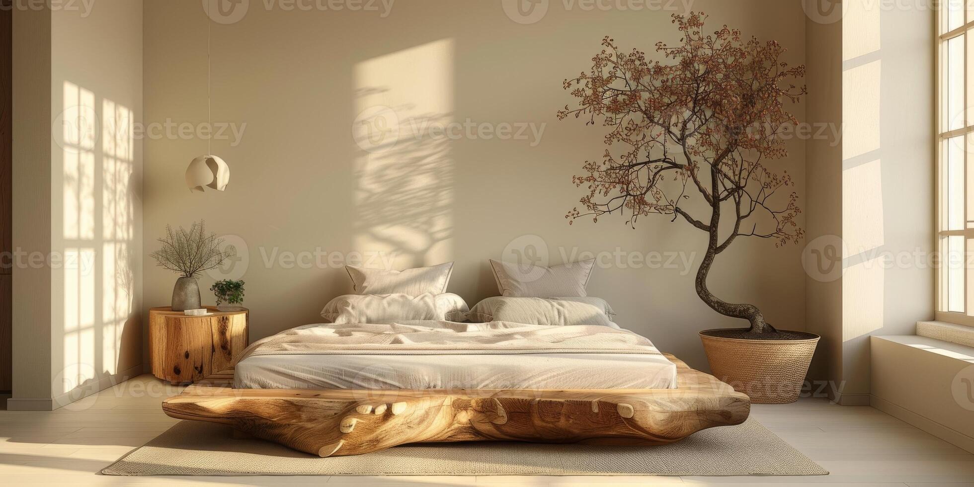 AI Generated Bright and cozy modern bedroom with wooden large bed. smoothing morning light with modern decoration. 3d render photo