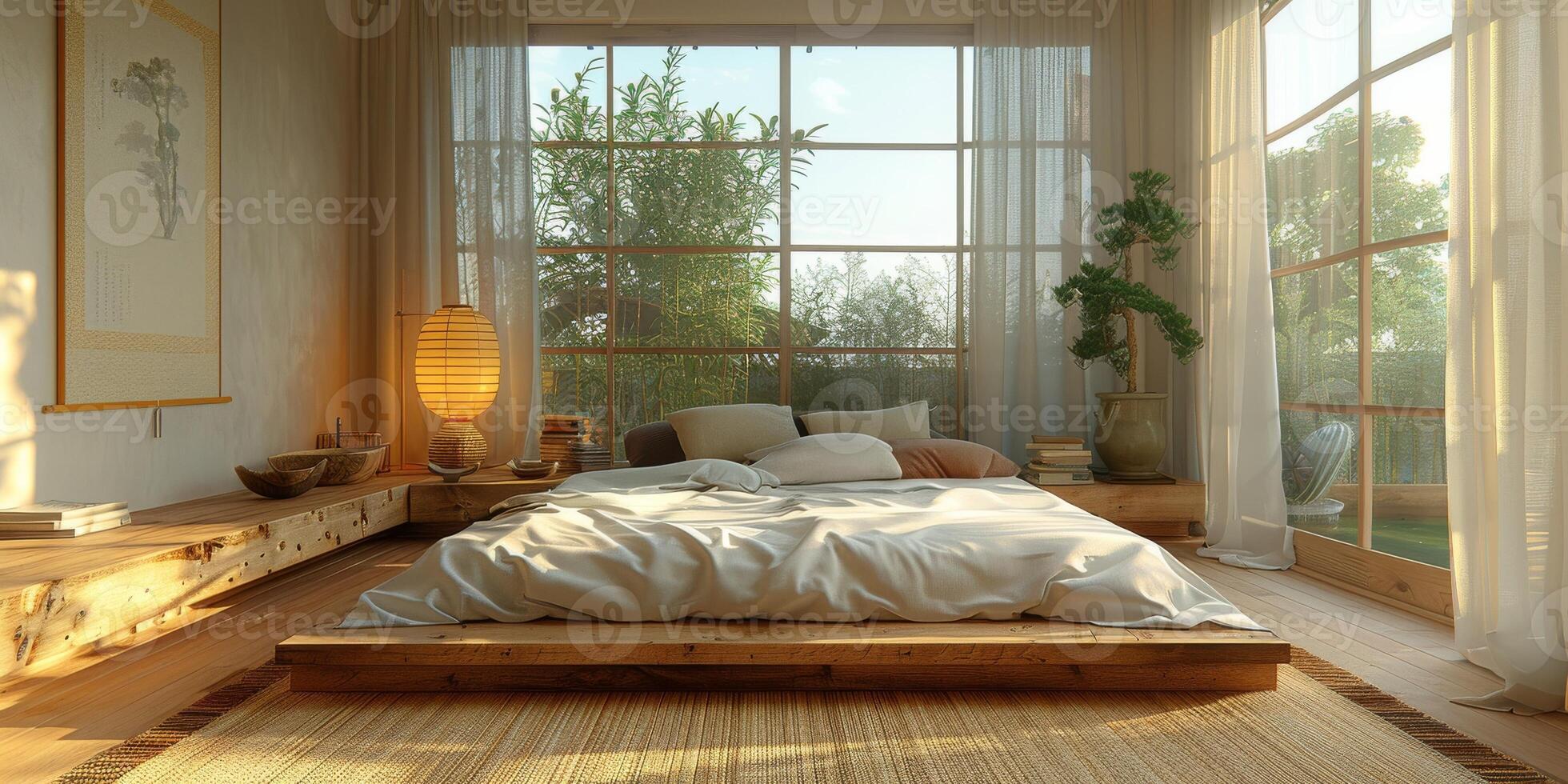 AI Generated Bright and cozy modern bedroom with wooden large bed. smoothing morning light with modern decoration. 3d render photo