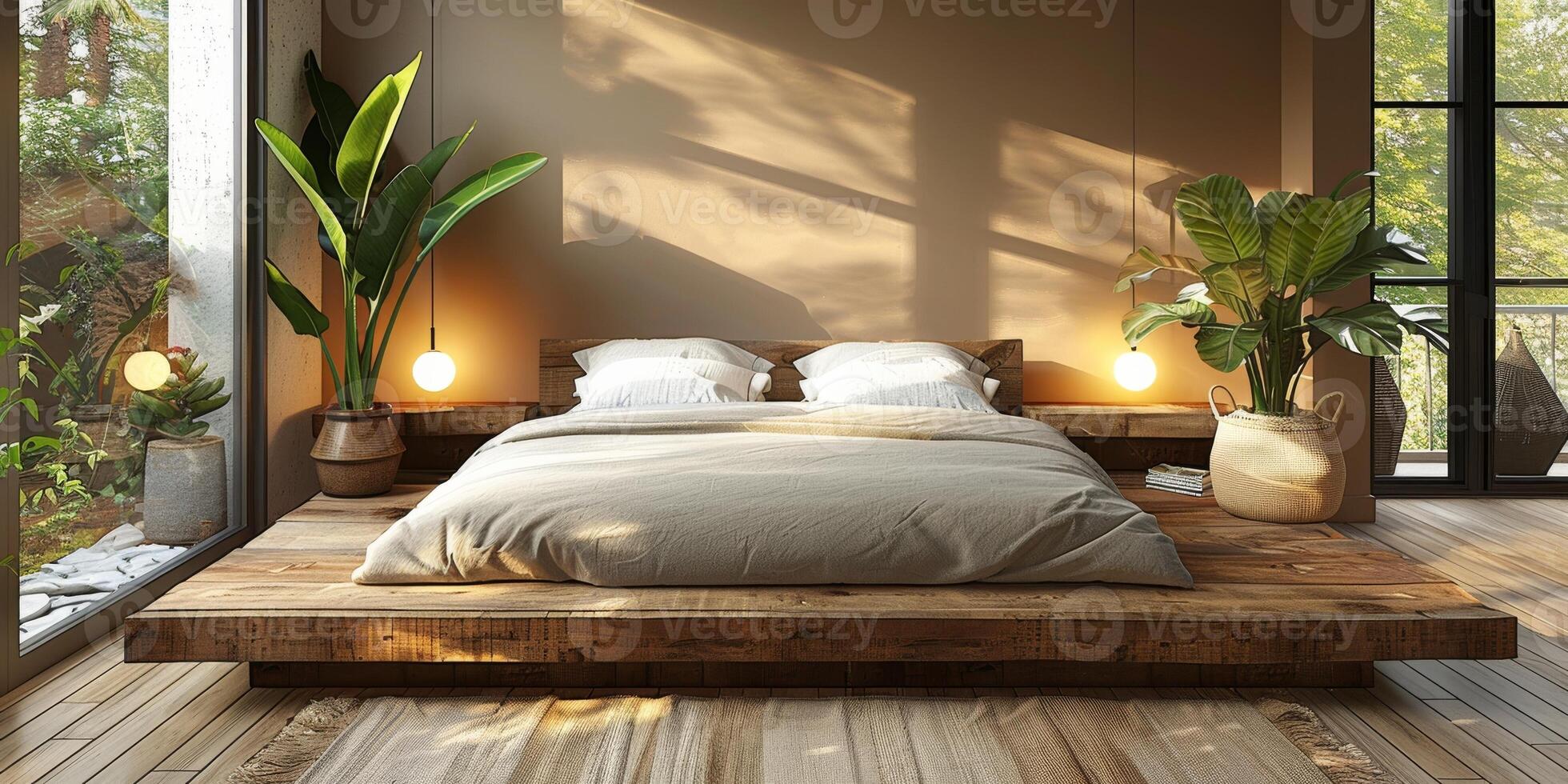 AI Generated Bright and cozy modern bedroom with wooden large bed. smoothing morning light with modern decoration. 3d render photo