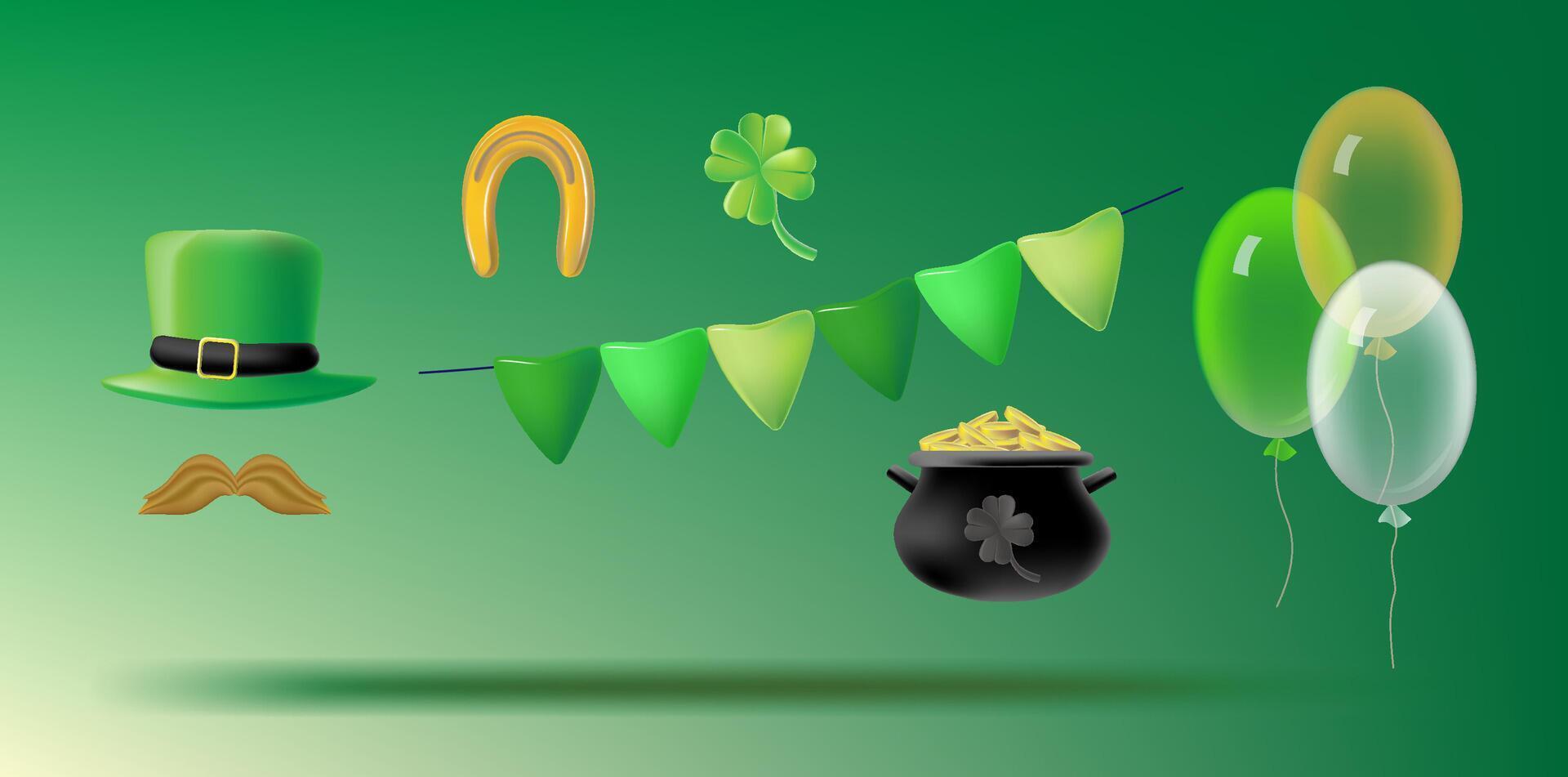 Set 3d St.Patrick Day with shamrock clower leaf, air balloons, pot of gold and leprechaun hat. vector