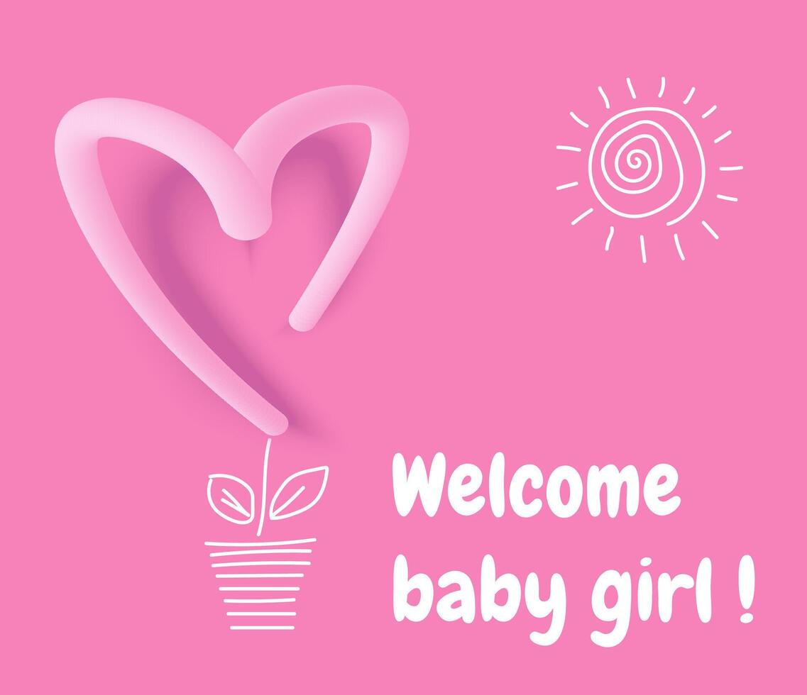 Welcome baby girl - greeting card with 3d heart on pink background. It's a girl. Vector illustration