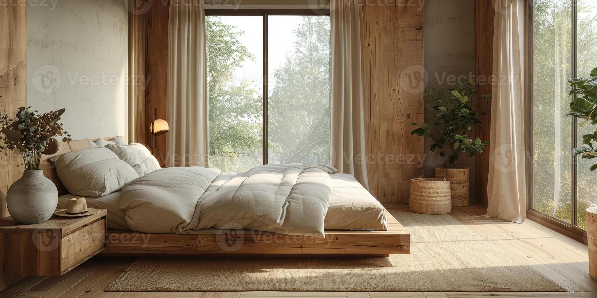 AI Generated Bright and cozy modern bedroom with wooden large bed. smoothing morning light with modern decoration. 3d render photo