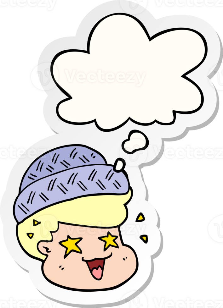 cartoon boy wearing hat and thought bubble as a printed sticker png