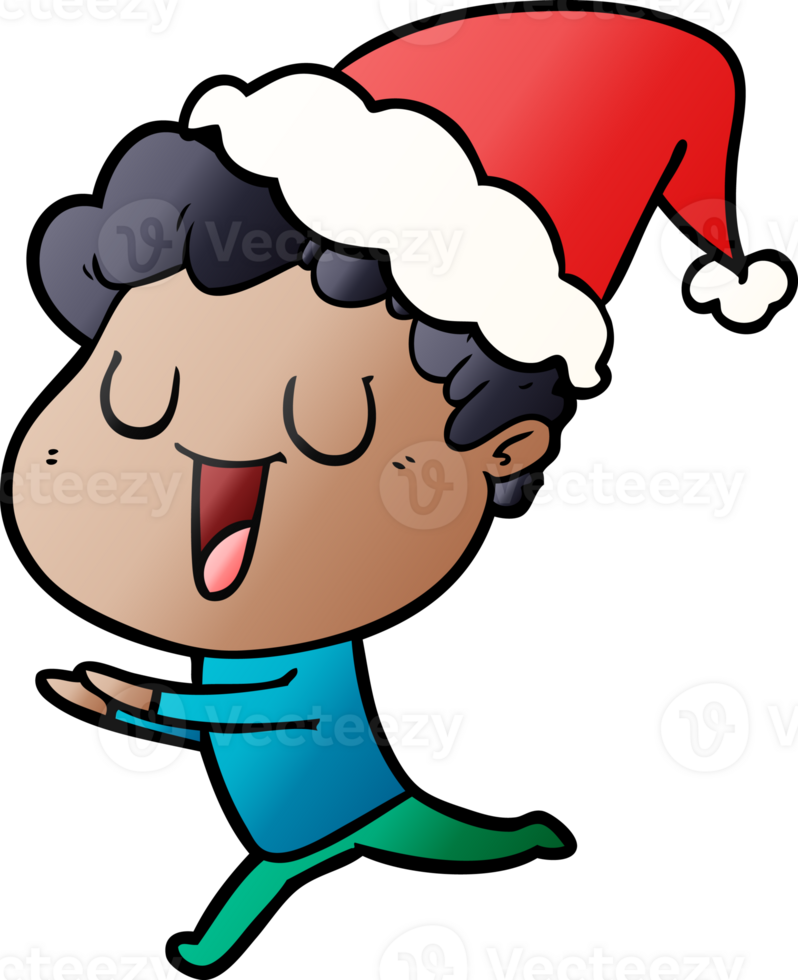 laughing gradient cartoon of a man running wearing santa hat png