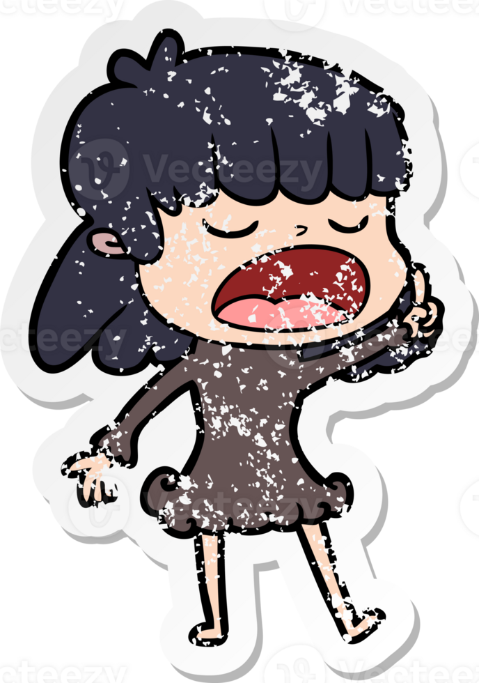 distressed sticker of a cartoon woman talking loudly png