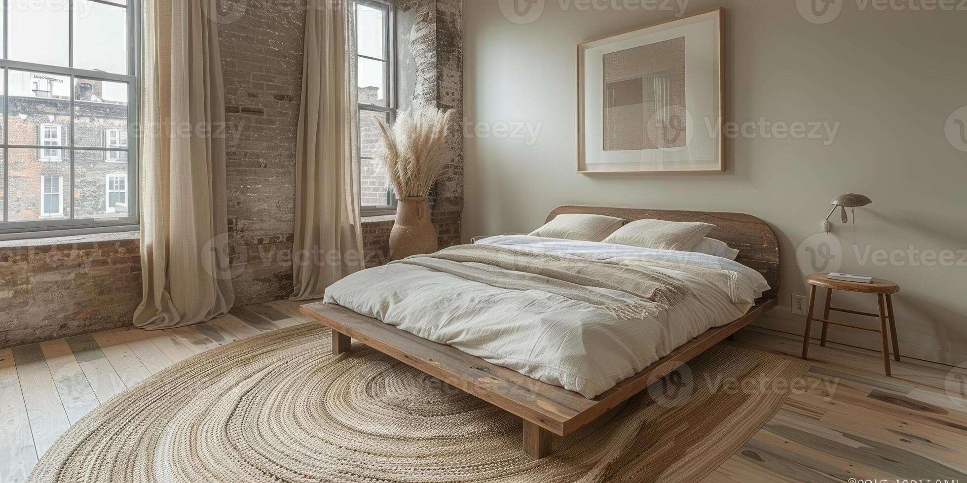AI Generated Bright and cozy modern bedroom with wooden large bed. smoothing morning light with modern decoration. 3d render photo