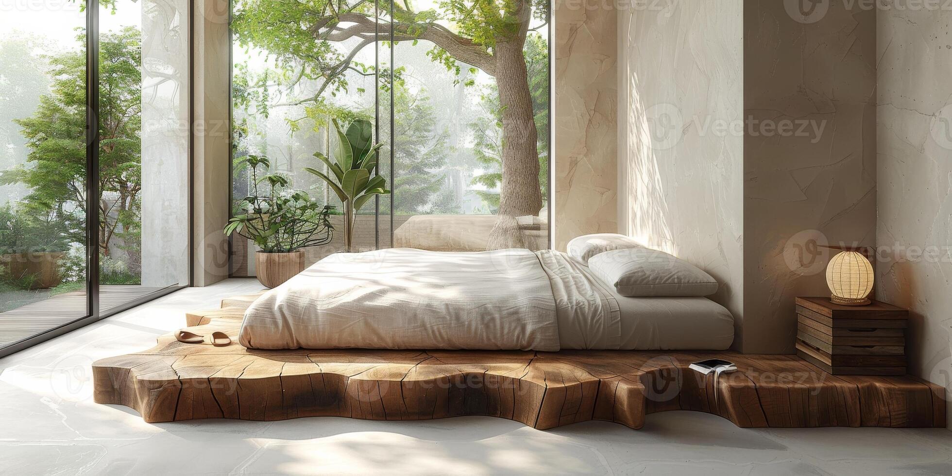 AI Generated Bright and cozy modern bedroom with wooden large bed. smoothing morning light with modern decoration. 3d render photo