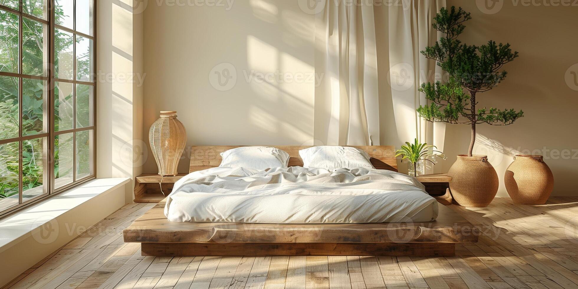 AI Generated Bright and cozy modern bedroom with wooden large bed. smoothing morning light with modern decoration. 3d render photo