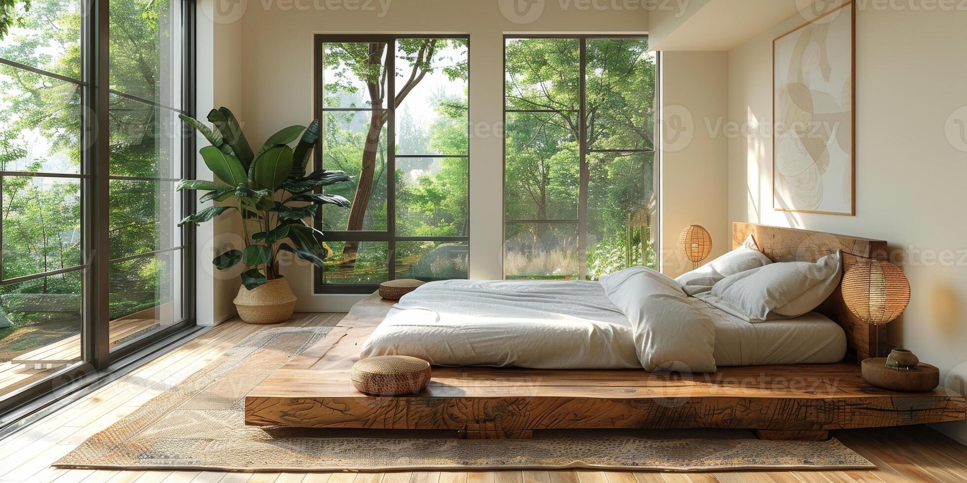 AI Generated Bright and cozy modern bedroom with wooden large bed. smoothing morning light with modern decoration. 3d render photo
