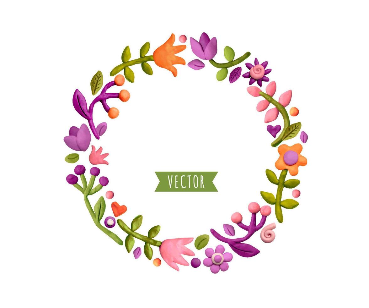 Festive background, round frame, wreath. Greeting card, banner, web poster. Festive realistic 3d flowers, leaves, hearts. Made from plasticine. vector