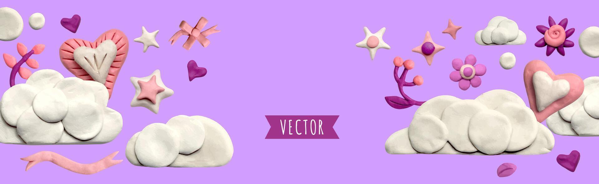 banner with clouds, stars and plasticine hearts on a lilac background. Promotion and shopping template or background for love concept. 3D illustration, cute dough shape. vector