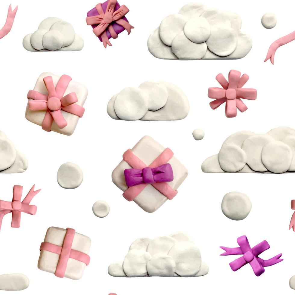 Seamless pattern of clouds, gift boxes, plasticine ribbons and bows. Colored plasticine clay 3D illustration isolated on white background, cute dough shape. vector