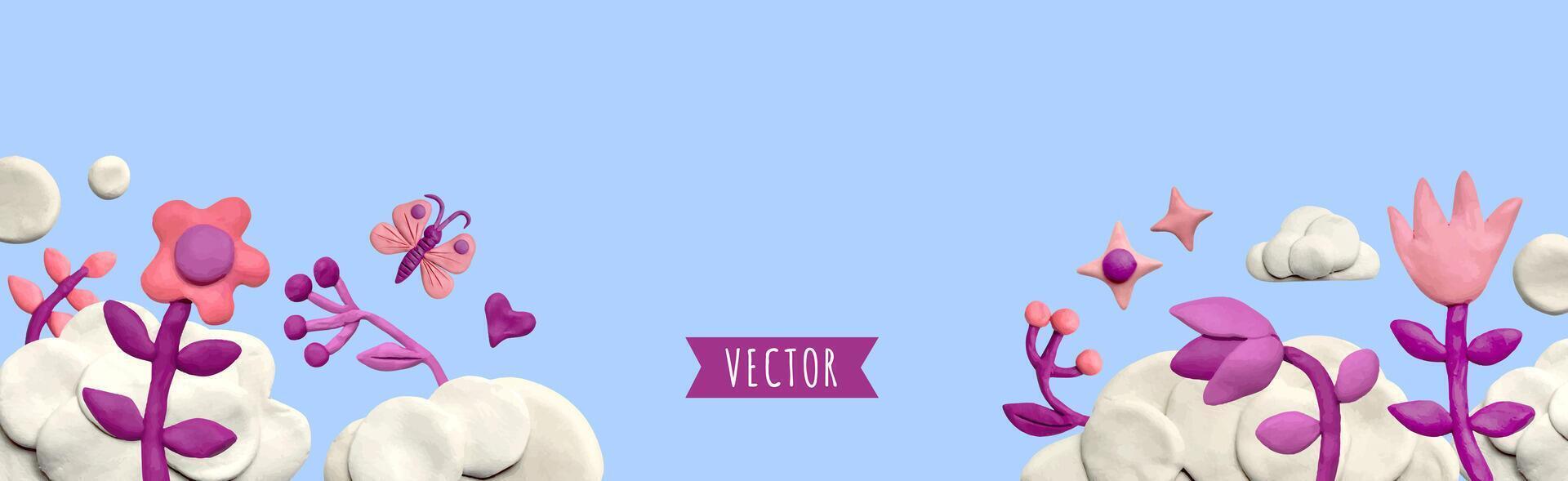 Poster or banner with clouds, stars and plasticine flowers on a blue background. Promotion and shopping template or background for love concept. 3D illustration, cute dough shape. vector