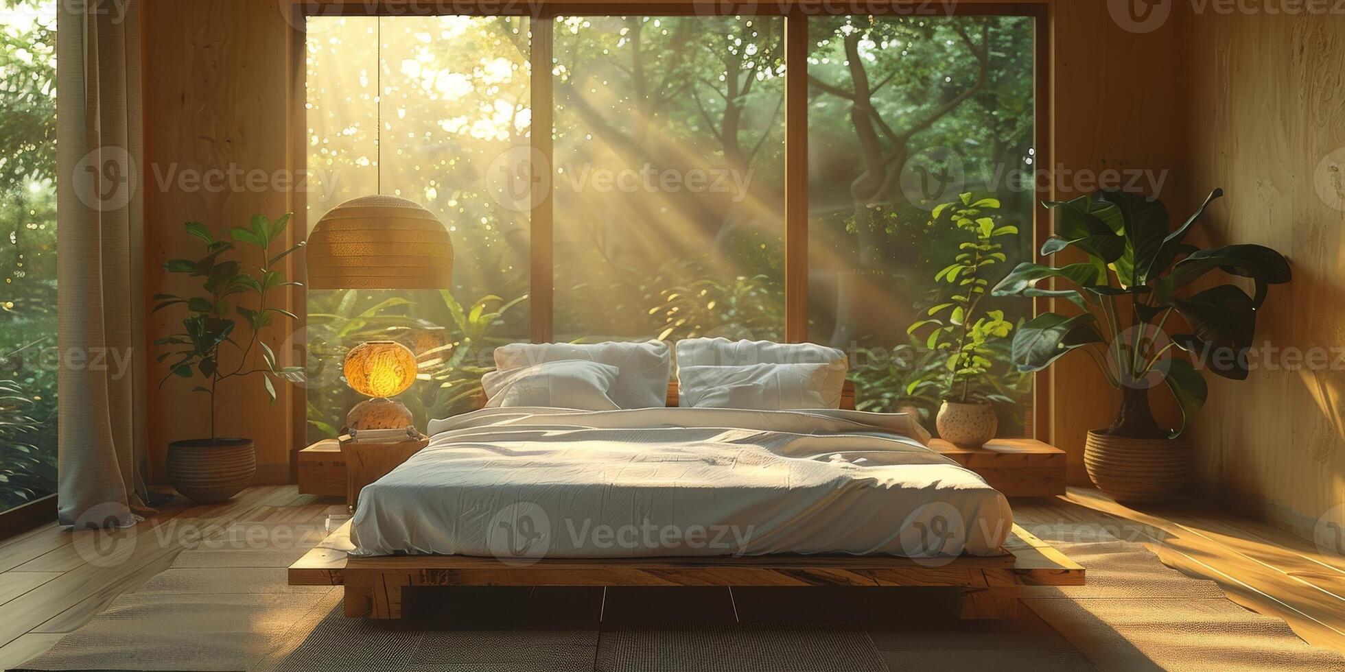 AI Generated Bright and cozy modern bedroom with wooden large bed. smoothing morning light with modern decoration. 3d render photo