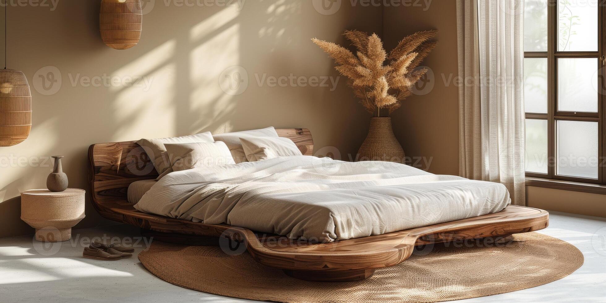 AI Generated Bright and cozy modern bedroom with wooden large bed. smoothing morning light with modern decoration. 3d render photo