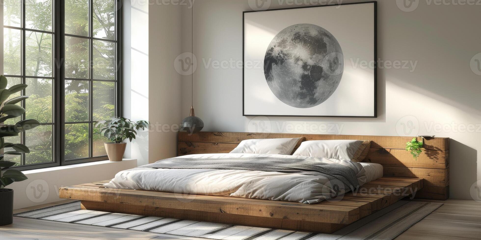 AI Generated Bright and cozy modern bedroom with wooden large bed. smoothing morning light with modern decoration. 3d render photo