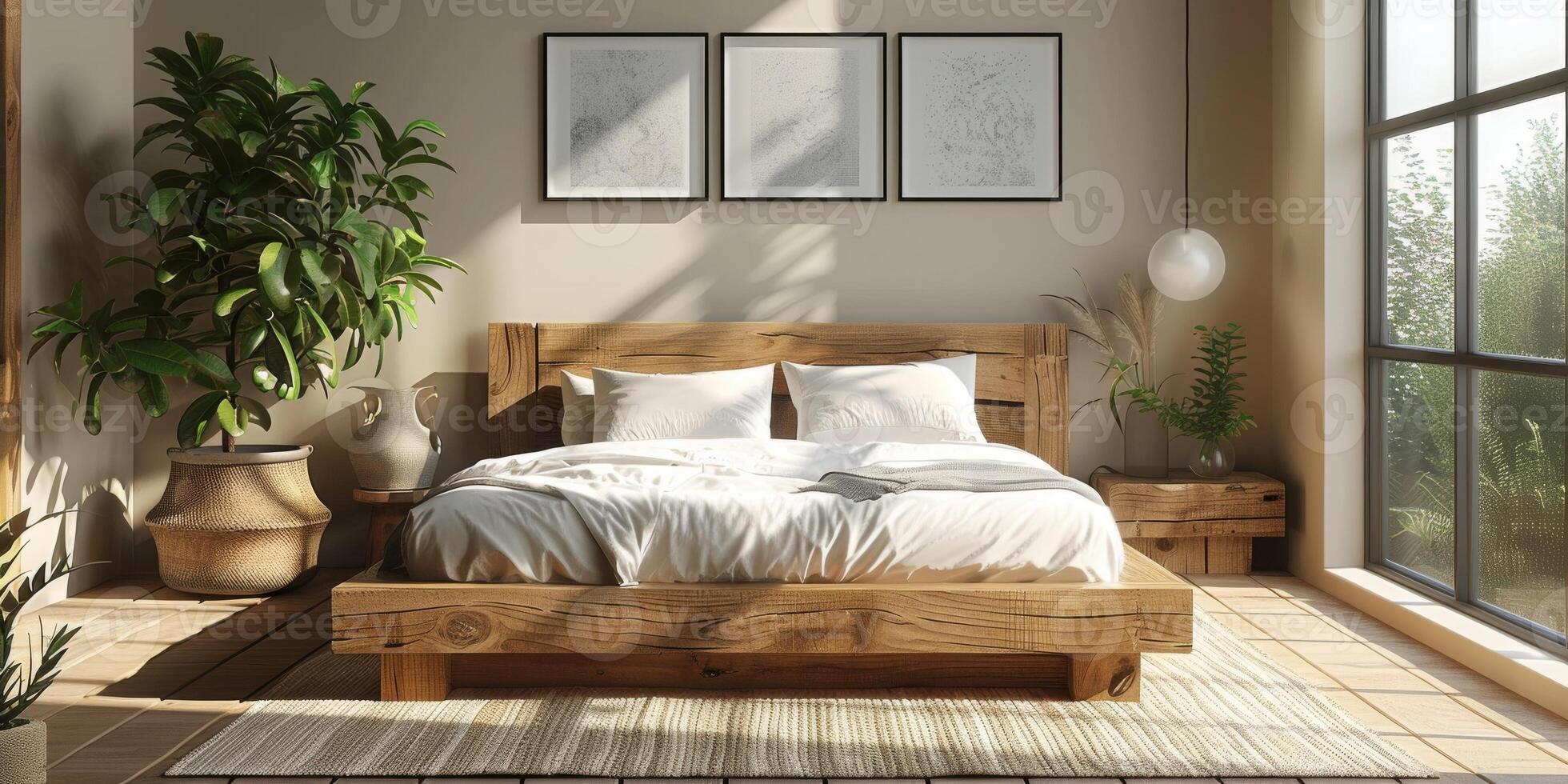 ai generado brillante y acogedor moderno dormitorio con de madera grande cama. suavizado Mañana ligero con moderno decoración. 3d hacer foto