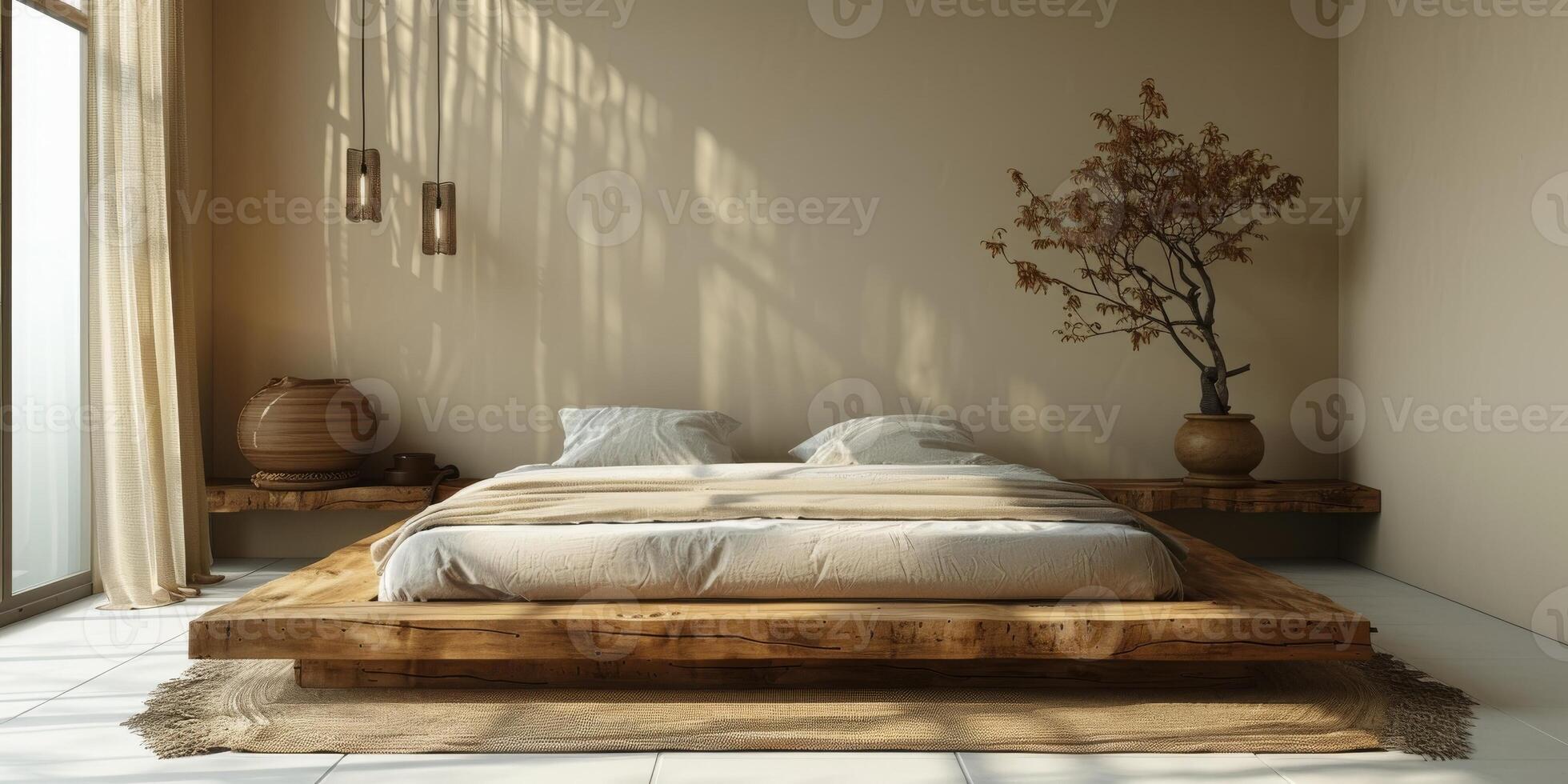 AI Generated Bright and cozy modern bedroom with wooden large bed. smoothing morning light with modern decoration. 3d render photo