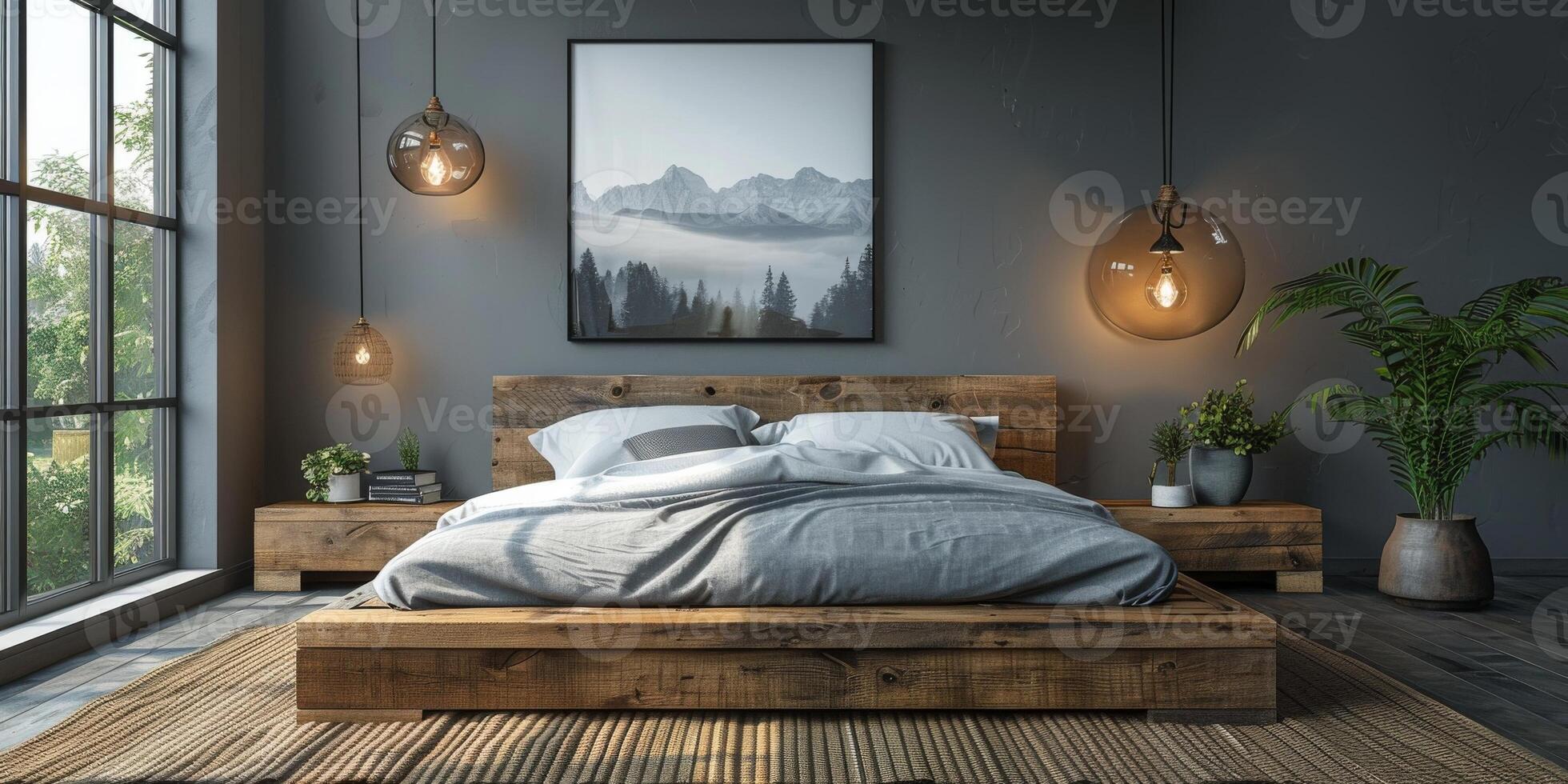 AI Generated Bright and cozy modern bedroom with wooden large bed. smoothing morning light with modern decoration. 3d render photo