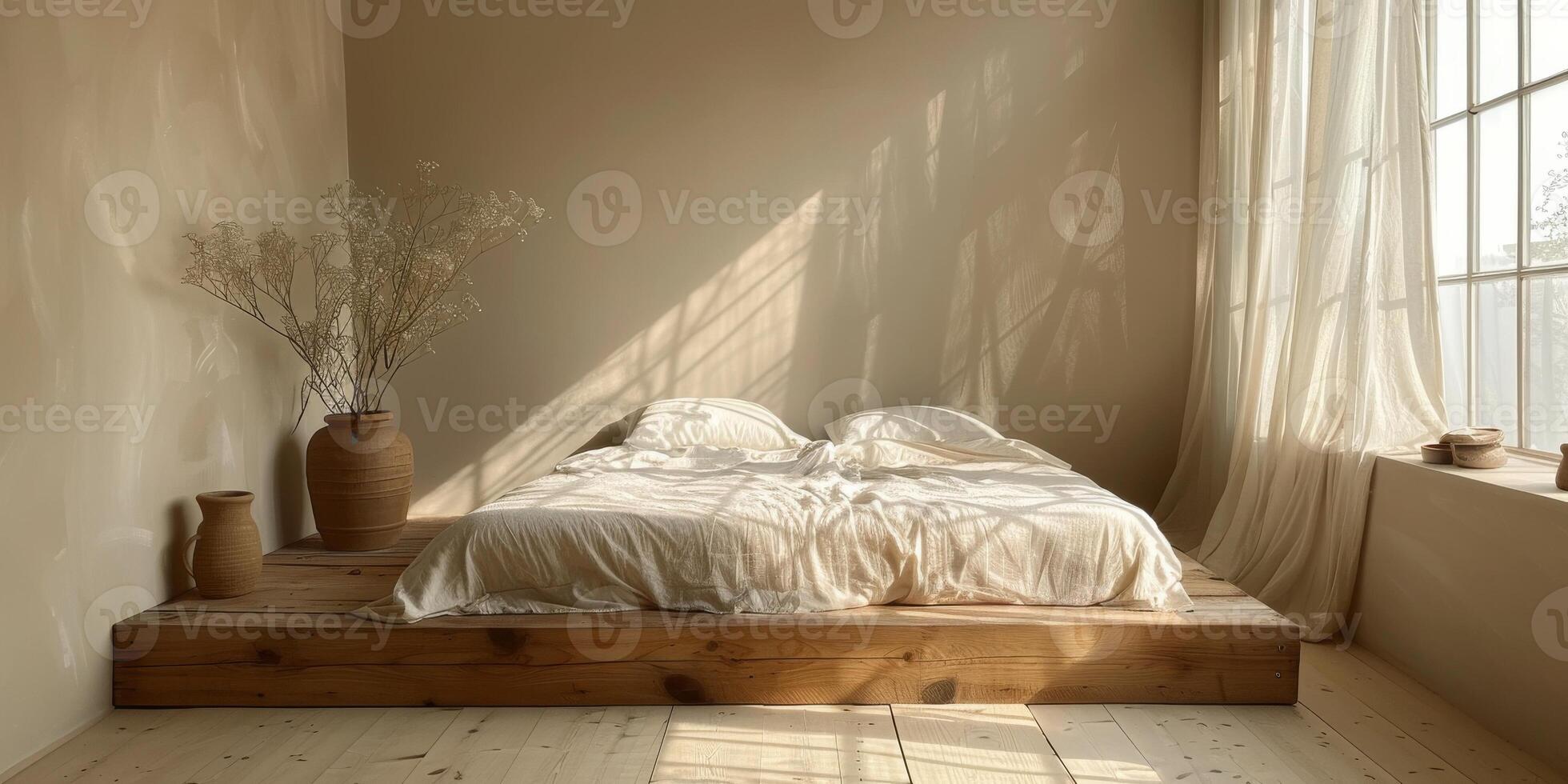 AI Generated Bright and cozy modern bedroom with wooden large bed. smoothing morning light with modern decoration. 3d render photo